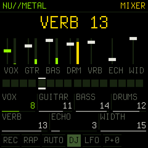 The MIXER page with faders and meters
